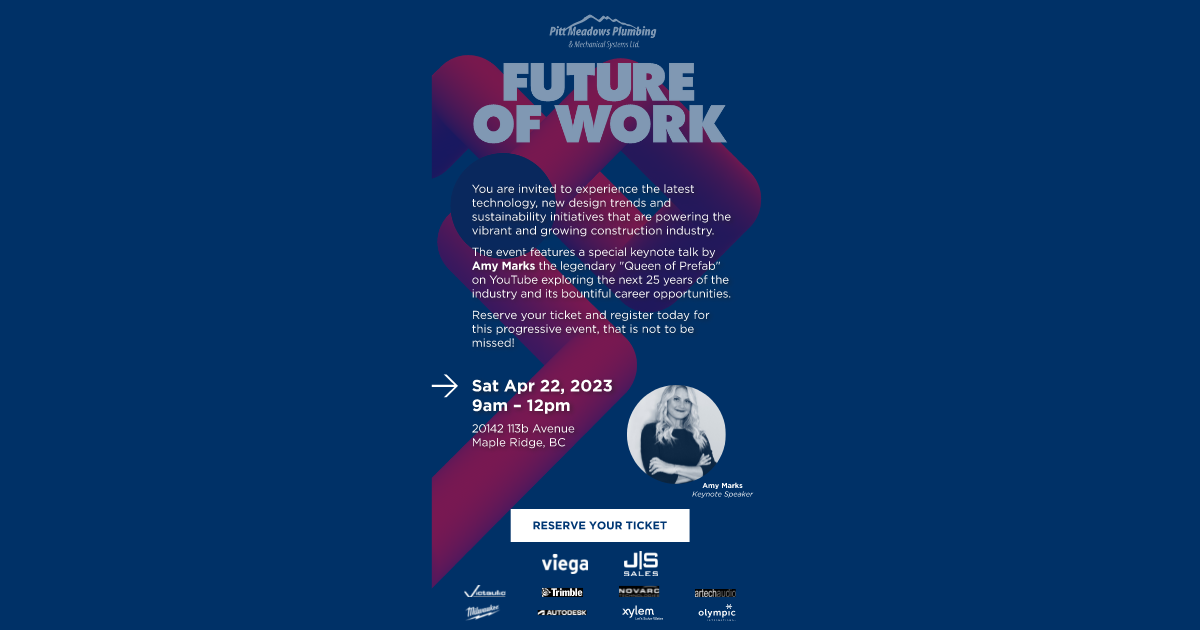 Blue background with invitation for Future of Work with keynote speaker Amy Marks, Queen of Prefab