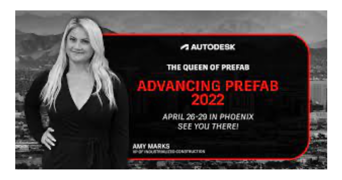 black and white photo of Amy marks with black box and red type about advancing prefabrication 2022