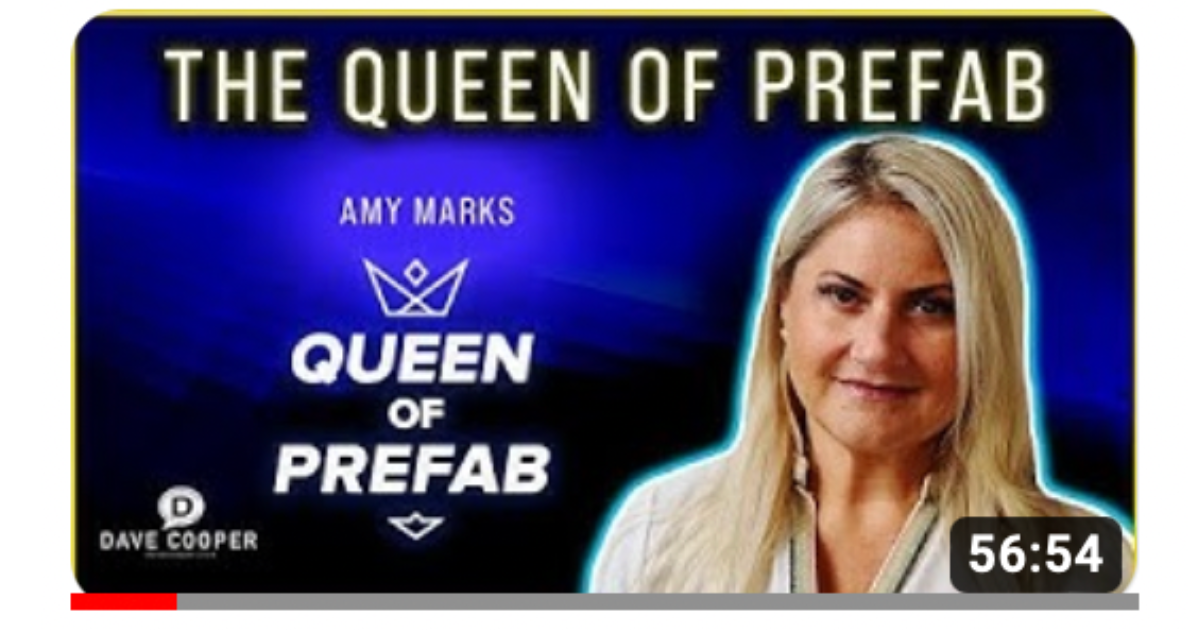 Black background with blue line and photo of Amy Marks with Queen of Prefab logo in white