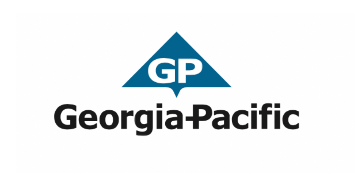 Blue triangle with white GP and black type of Georgia pacific where Amy Marks will be speaking at their may summit