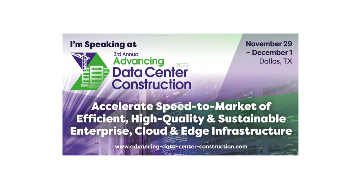 purple and white background with text about Amy Marks speaking at Advancing Data Center Construction