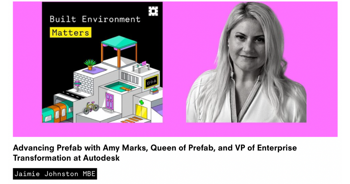 Pink background with built environment image and photo of Amy Marks who is on the podcast with Jaimie Johnston