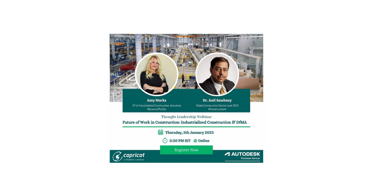 white background with photo of Amy Marks and Dr Anil Sawhney with text invite for Future of Work in construction a thought leadership webinar about industrialized construction and DfMA