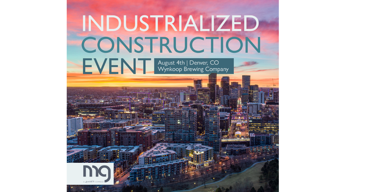 Denver skyline at sunset with type for Industrialized Construction event that Amy Marks speaks at
